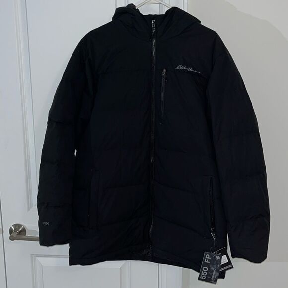 New $275 Eddie Bauer EB550 Mens Black Down Filled hooded parka coat Jacket L - Picture 1 of 5